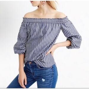 J.Crew Off The Shoulder Navy & White Striped Long Sleeve Poplin Blouse Size 0
